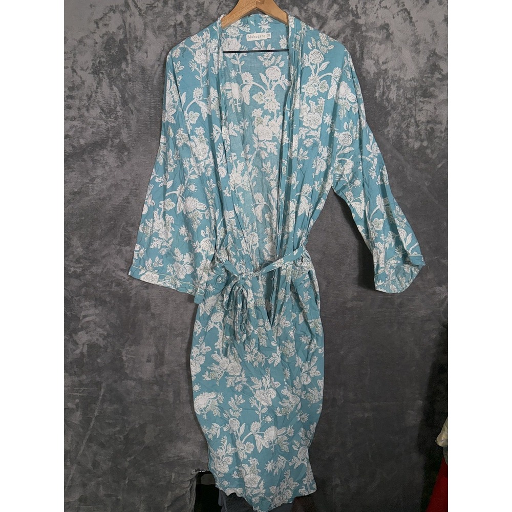 Mahogany Womens Kimono Robe XL Teal White Floral Print Loungewear Cotton